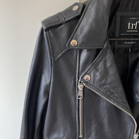 New Zara TRF oversized belted genuine leather jacket, black, small / medium - Picture 5 of 7